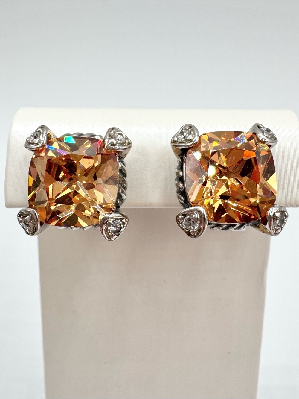 Big Champagne CZ Cubic Zirconia Stud Earrings Heart Prongs Omega Back Two Tone